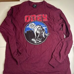 Obey Maroon Red Long Sleeve Size M Wolf Graphic